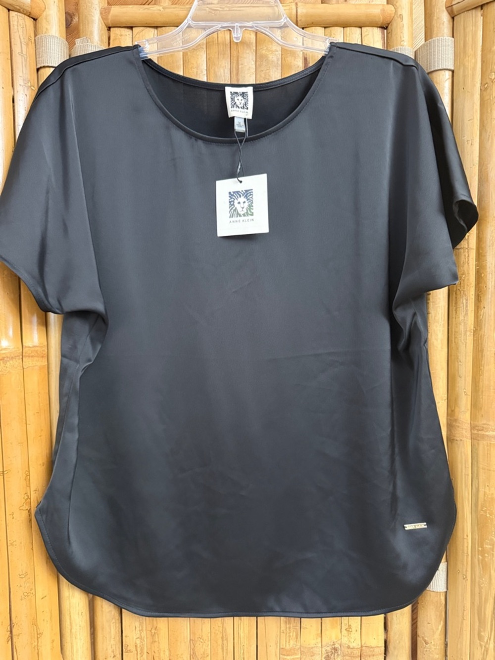Anne Klein Black Satin Short Sleeve Blouse. NWT